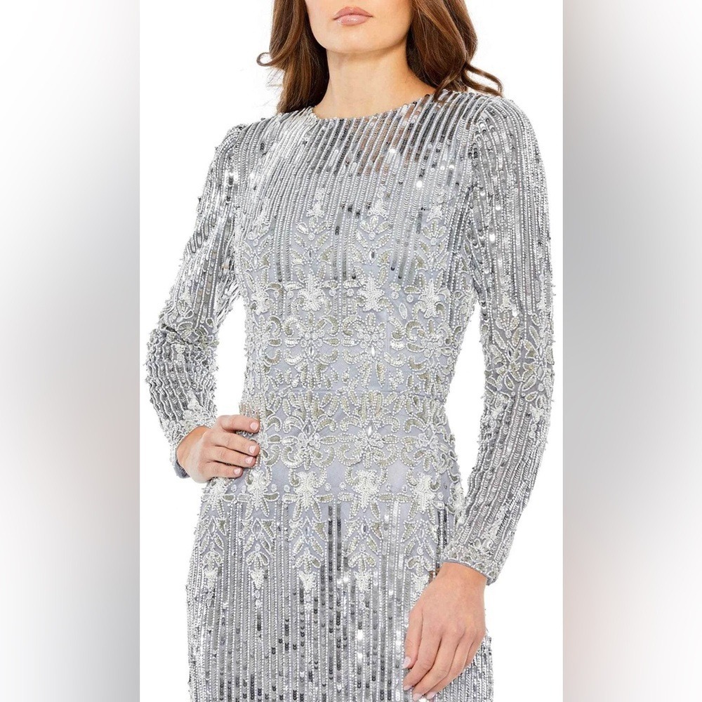 Mac Duggal Silver Long Sleeve Sequin Dress - Picture 3 of 14
